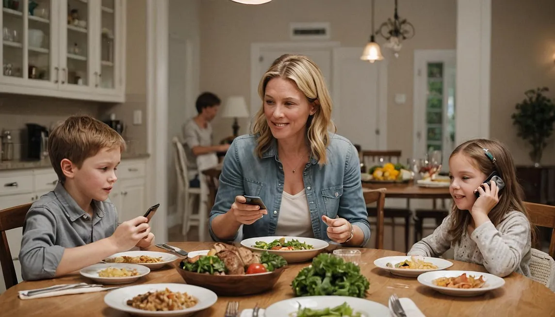 Family at the dinner table with cell phones