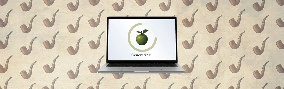 A laptop with a white screen shows a loading spinner and the word “Generating…” over a beige background patterned with pipes.