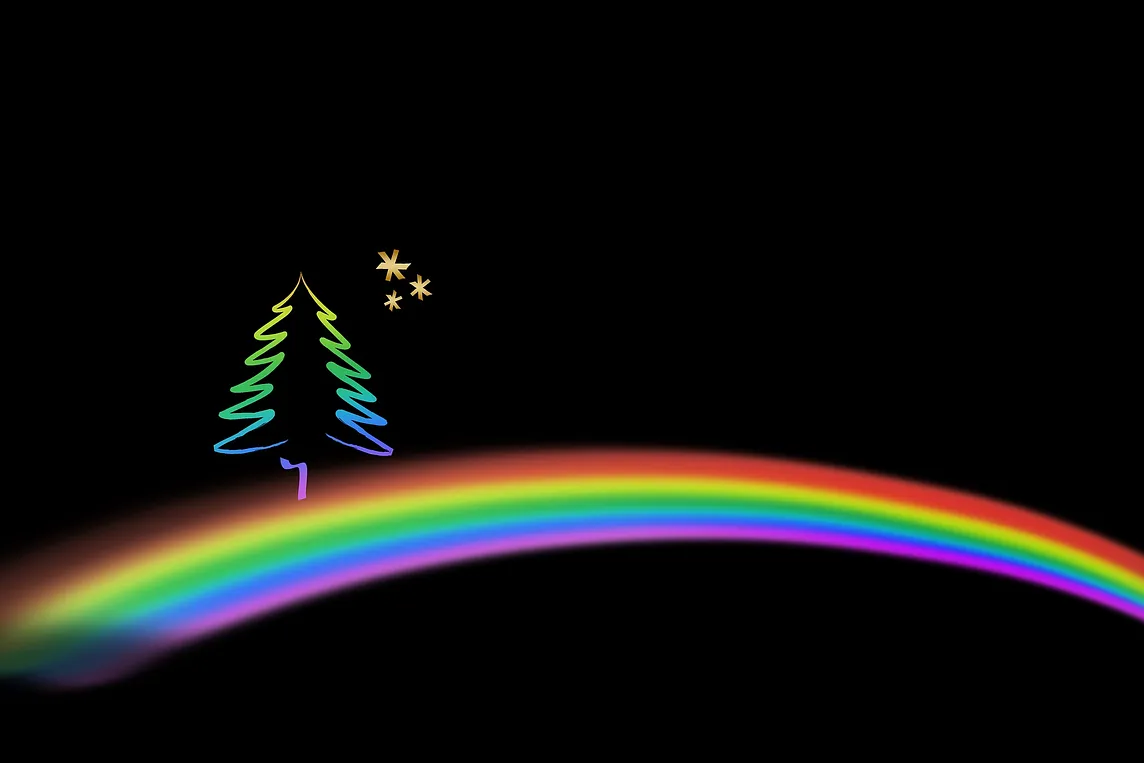 A black background with a rainbow stretched across the bottom and a stylized Christmas tree just above the left side of the rainbow with three yellow stars to the right of the tree.