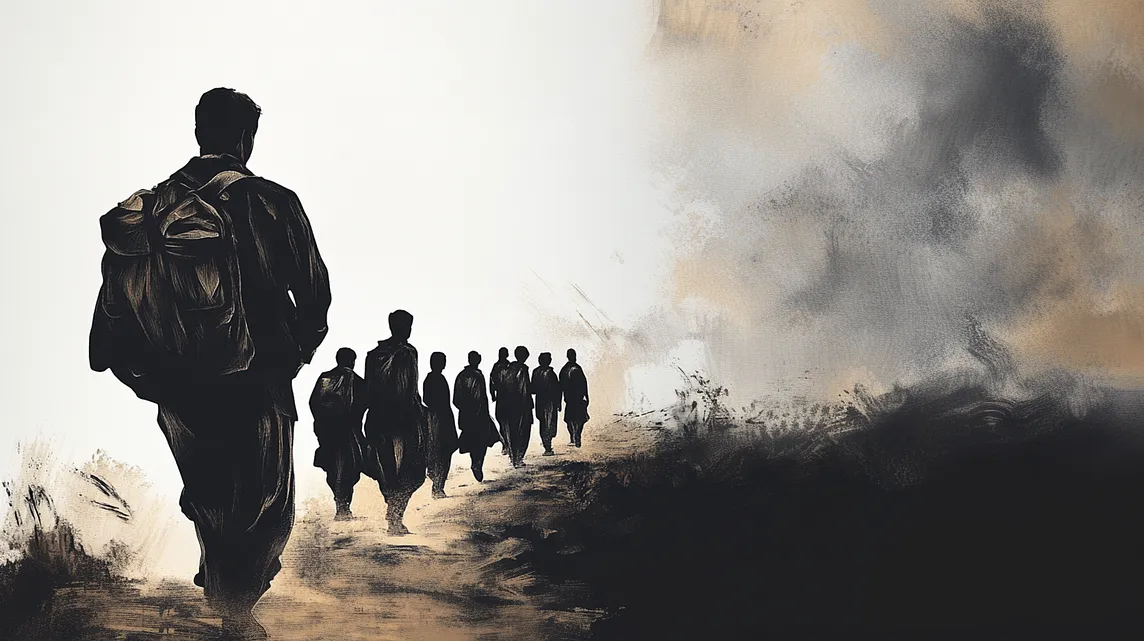 A group of people moving to an uncertain future.