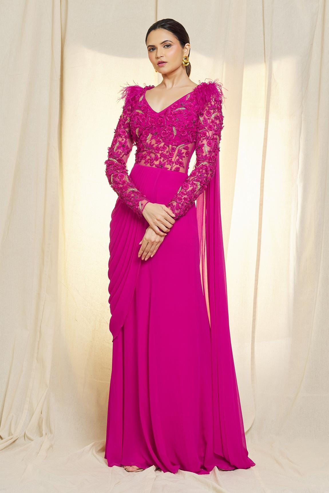 Buy Deep Pink Color Ruffle Saree Online on Fresh Look Fashion