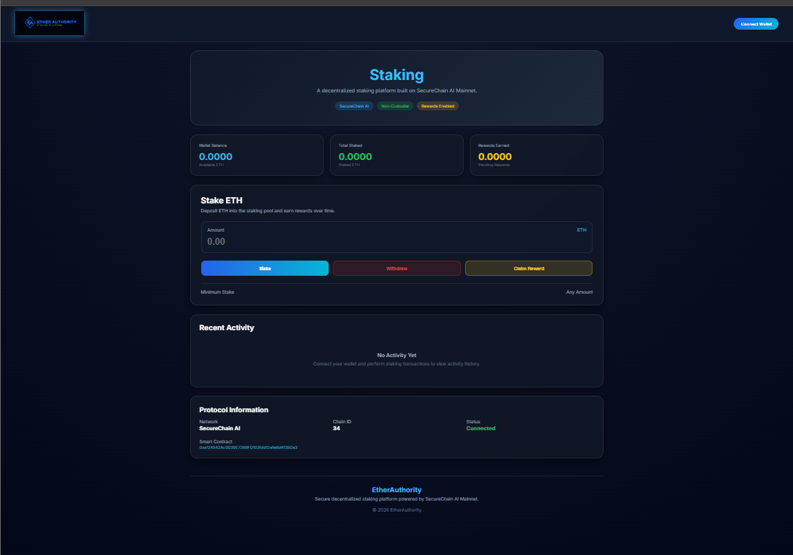 🚀 Building a DeFi Staking Platform on SecureChain AI — My EtherAuthority Final Project Journey