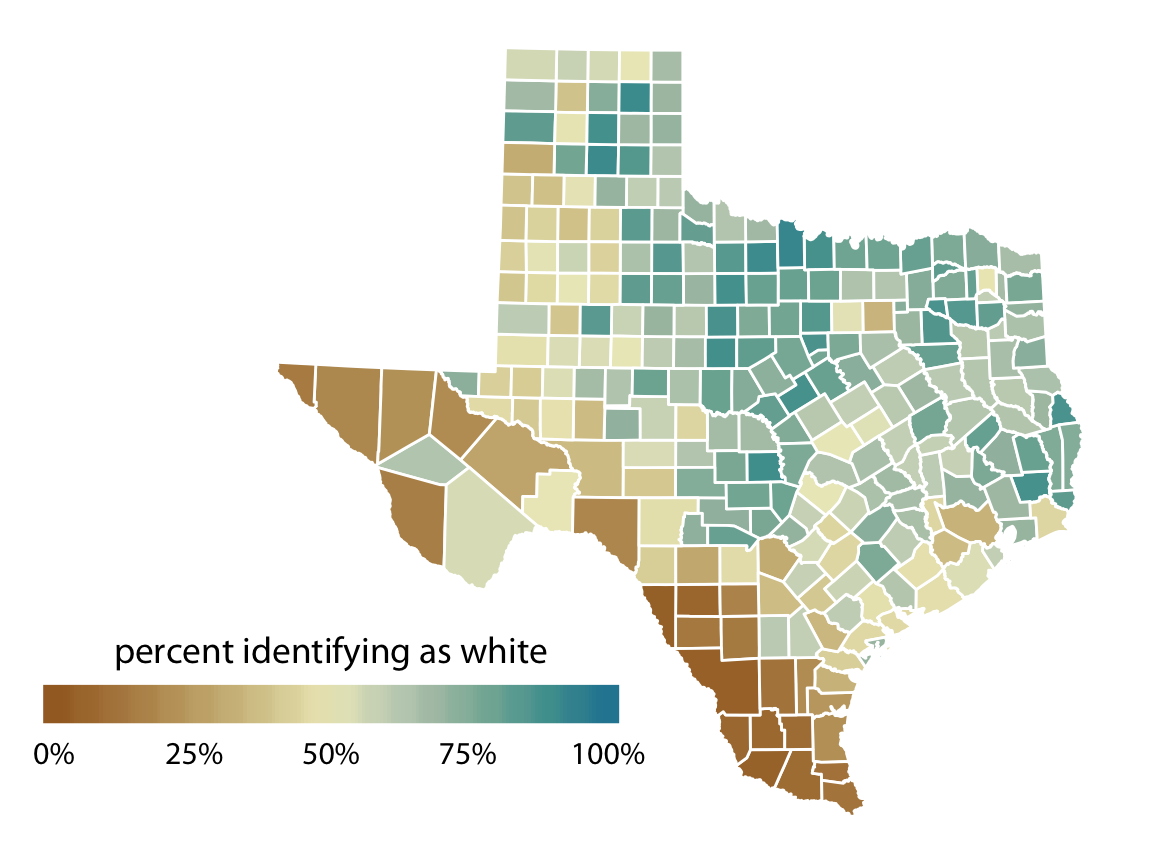 Claus Wilke’s graph visualizing the percentage of people identifying as white in Texas. Utilizes a color scale. (Wilke, 2018)