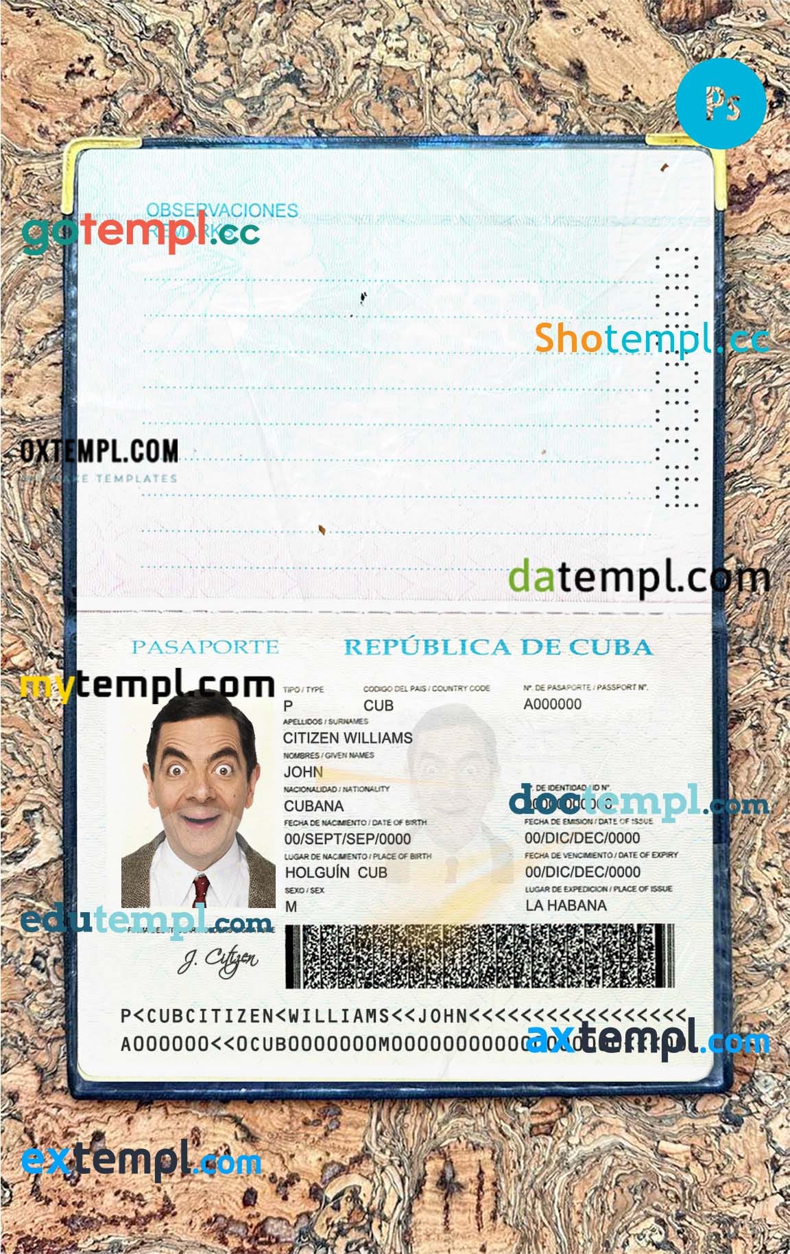 sample Cuba passport editable PSD files, scan and photorealistic look