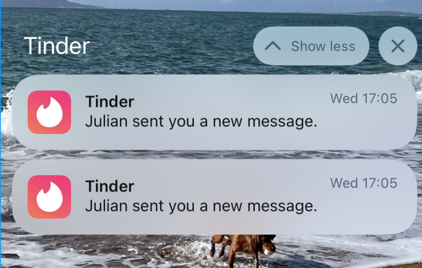 Two Tinder mobile push notifications ‘[X] sent you a message’