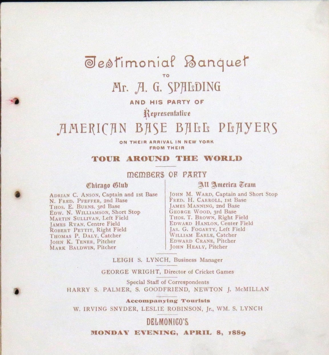 The banquet was held at Delmonico’s at Beaver and South William Streets, on April 8, 1889