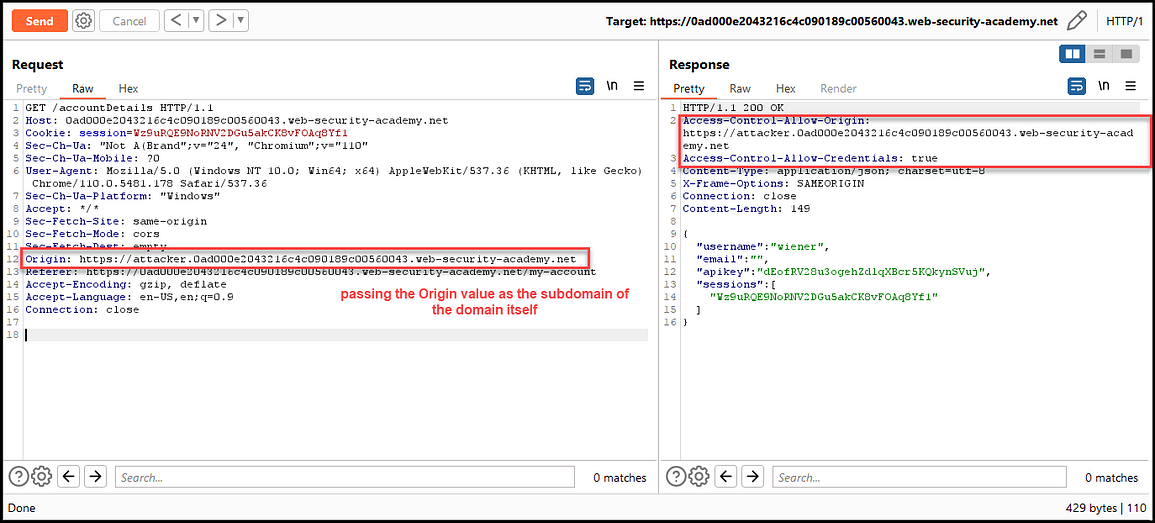 Figure 15 — shows the domain accepts its subdomains’ origins. https://medium.com/r3d-buck3t #cors #web #pentesting #hacking