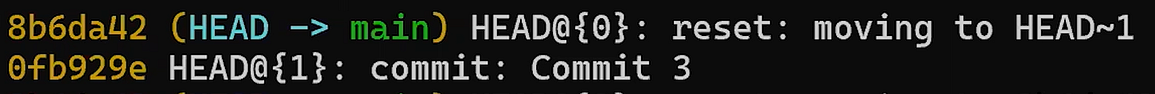 `git reflog` shows us where `HEAD` was (source: https://youtu.be/ozA1V00GIT8)