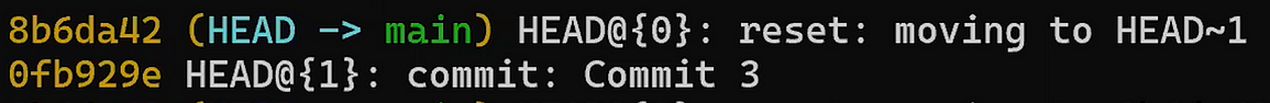 `git reflog` shows us where `HEAD` was (source: https://youtu.be/ozA1V00GIT8)