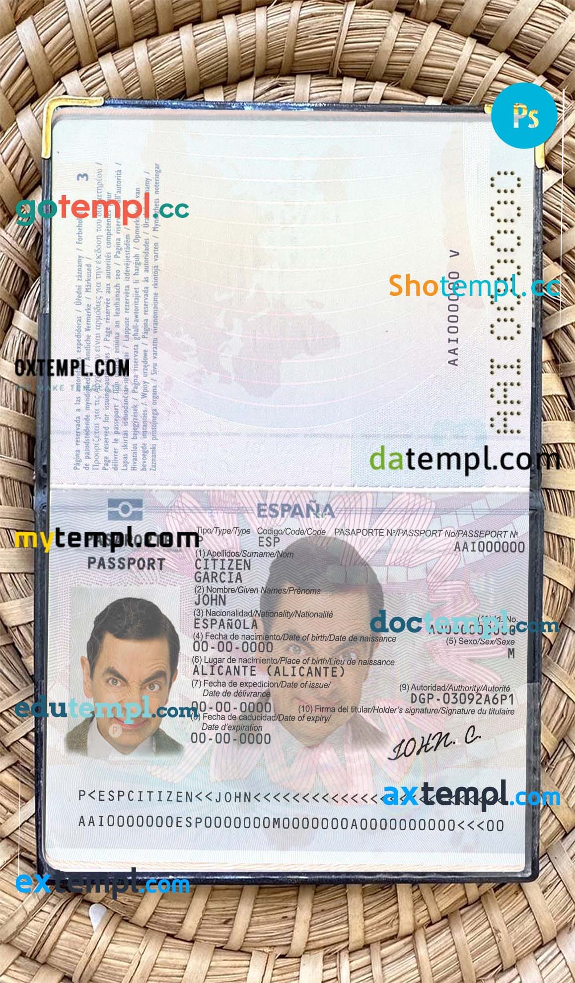 sample Spain passport PSD files, editable scan and photorealistic look
