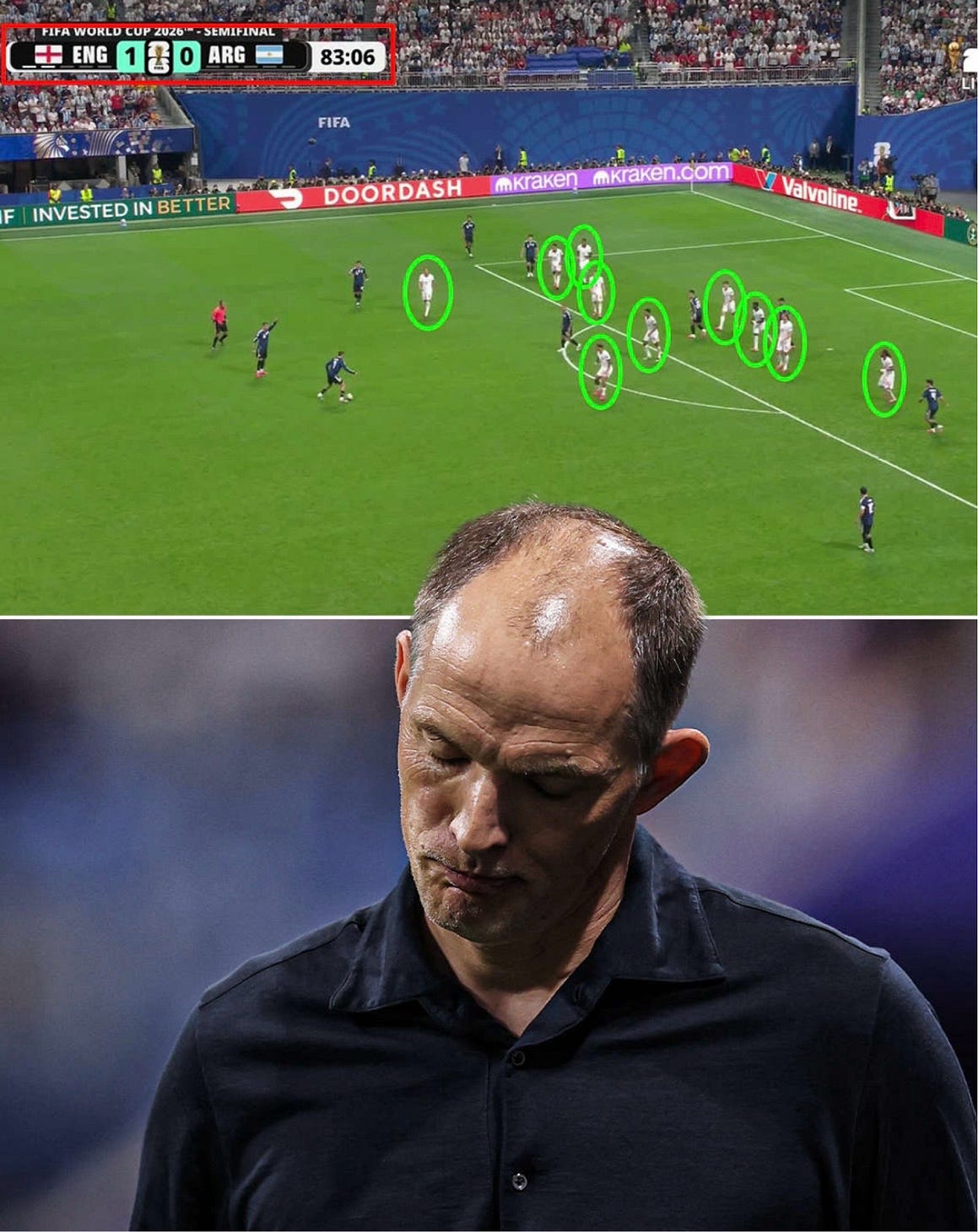 Thomas Tuchel had all 11 England players behind the ball after they took the lead. Photo: ESPN FC.