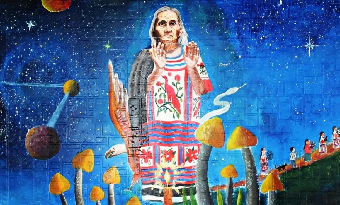 One of the commemorative murals of the 126th birthday of María Sabina in Oaxaca, Mexico