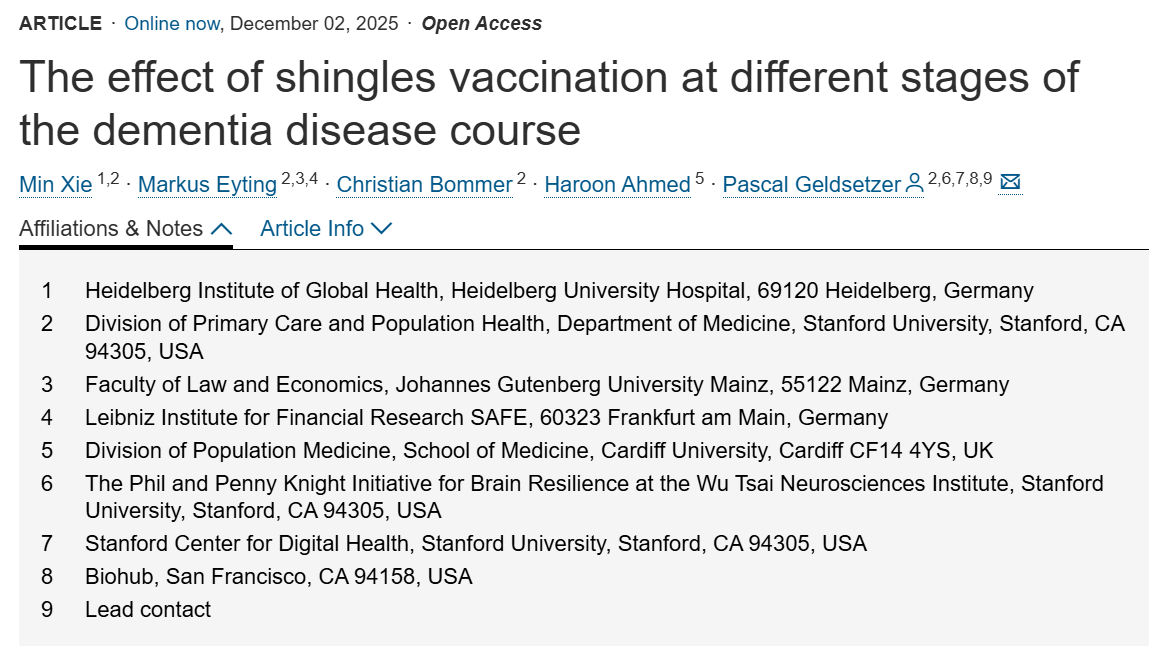 Figure 1. The new fourth natural-experiment study on shingles vaccine and dementia/cognitive function. Source: Xie et al. (2025), Cell.