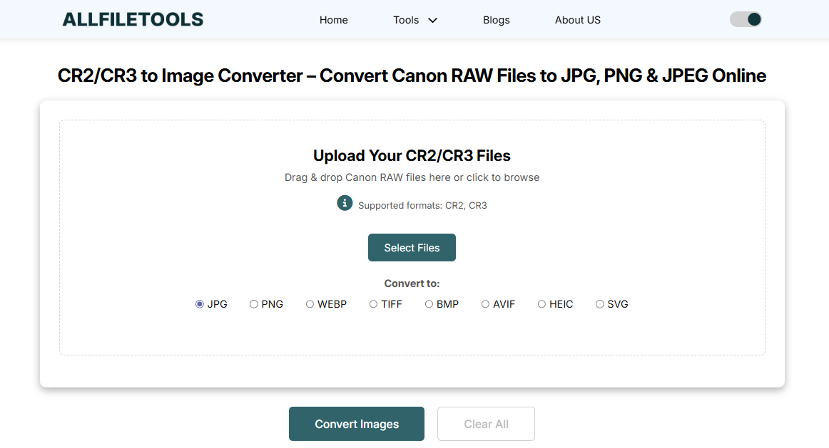 CR2/CR3 to Image Converter — Convert Canon RAW Files to JPG, PNG & JPEG Online