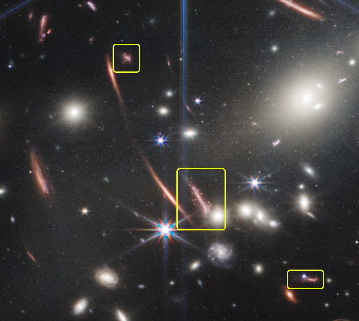 This NIRCam view of a selection of the gravitationally lensed region surrounding galaxy cluster SMACS 0723 contains multiple lensed galaxies, including the thrice-appearing Sparkler galaxy, highlighted here. The “sparkles” have been identified as star-forming knots of gas appearing atop already-existing globular clusters: evidence for a second, more metal-rich population of stars forming alongside the ancient, metal-poor ones. Below the left-center of the second image of the Sparkler galaxy, a foreground star within the Milky way shows the characteristic diffraction spike pattern for JWST. (Credit: NASA, ESA, CSA, STScI; Annotation: E. Siegel)