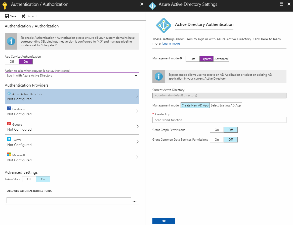 Azure function with Azure AD authentication — application settings and ... image.