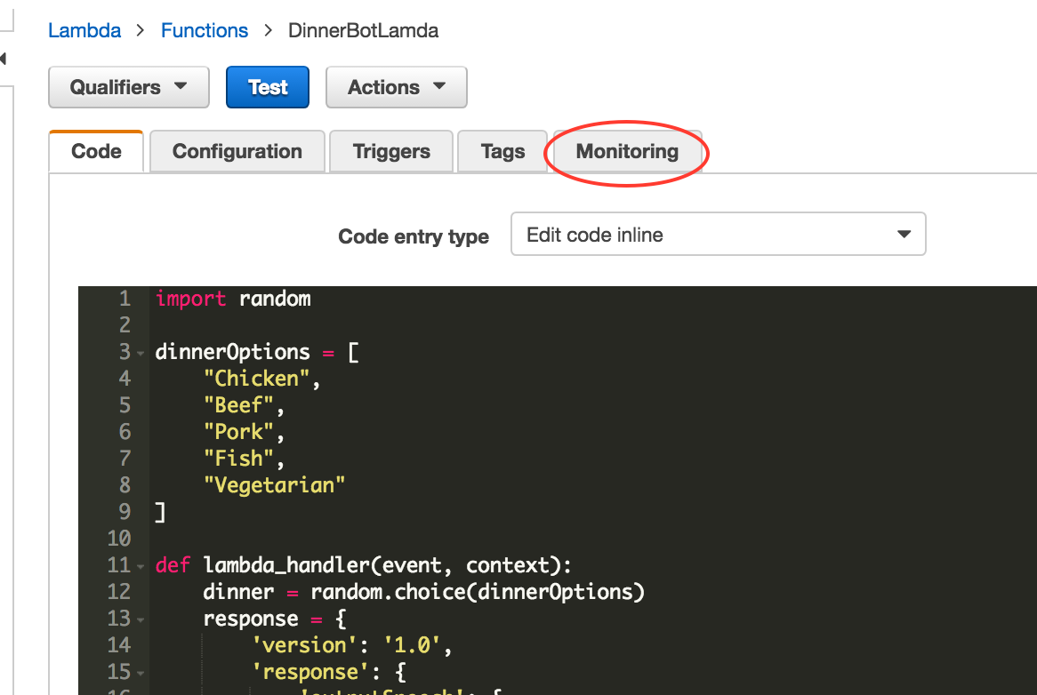 Assuming your lambda is returning the variable called dinner as part of its JSON response, as my