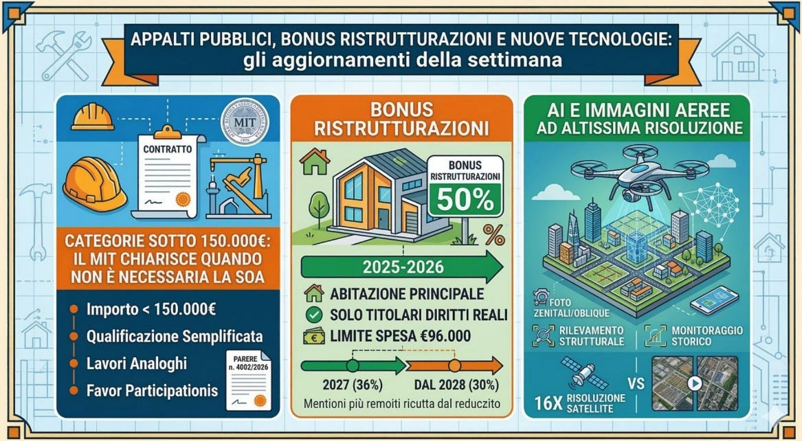 Appalti pubblici, bonus ristrutturazioni e nuove tecnologie: gli aggiornamenti della settimana