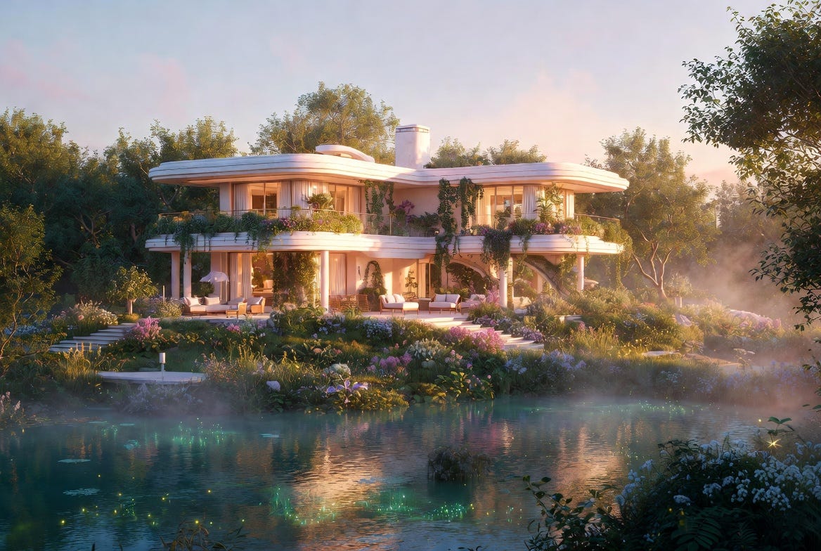 This photo represents a utopian, secluded residence designed for maximum privacy. Surrounded by breathtaking nature and ‘breathable’ open spaces, the home remains entirely shielded from noise. While not designed for urban efficiency, it provides the essential human ‘break’ — offering the choice to disconnect for peace or reconnect with the world on one’s own terms.