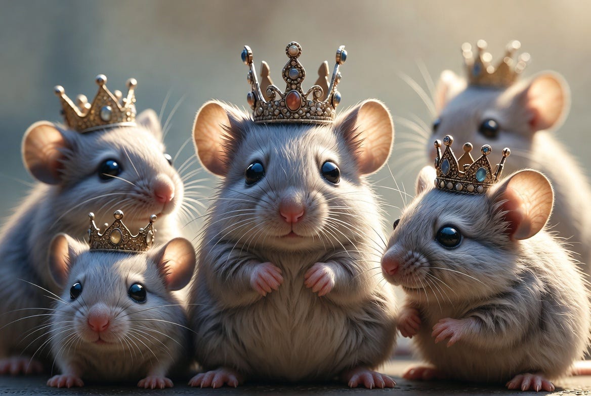 A visual metaphor for the delusional hierarchy born from stripped human agency. These figures represent the operators of cults, scams, and organized crime, individuals who commit crimes to ascend an imaginary hierarchy within a collapsing system.
