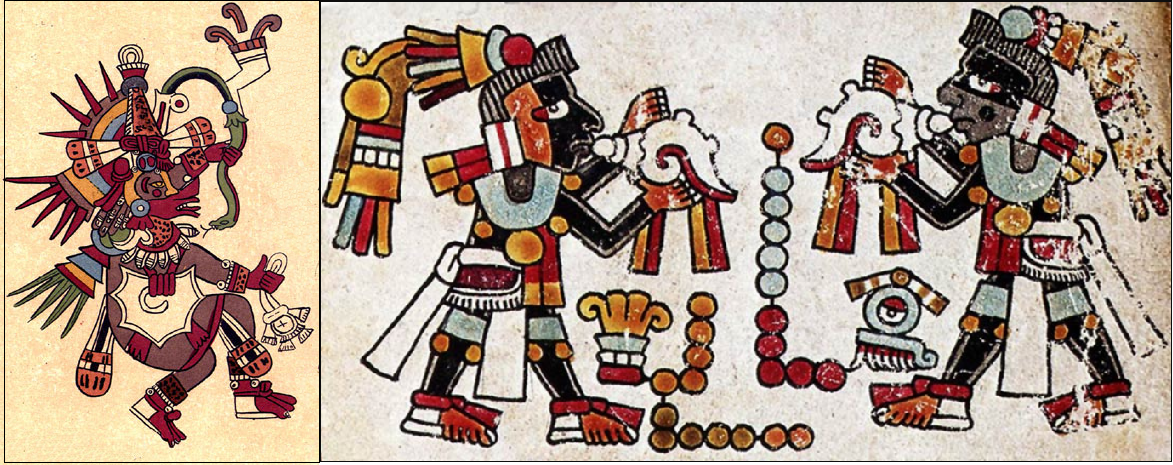 LEFT: “Quetzalcoatl.” Published in the Codex Borbonicus, 16th century, author unknown. Wikimedia Commons. Public domain. RIGHT: “Two named and semi-divine conch players face each other”; Original painted on deer hide approx 1350–1519 AD. Codex Vindobonensis pl. 16. Image scanned from ADEVA facsimile edition of the Codex Vindobonensis, Graz, Austria, 1974. Accessed from https://www.mexicolore.co.uk/aztecs/artefacts/sea-shell/1000