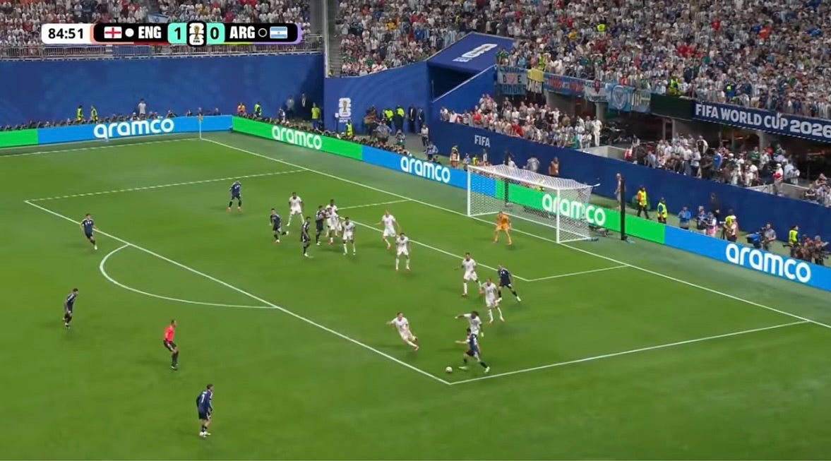 England’s narrow shape opens a lane in the middle, and Messi threads the ball into zone 14.