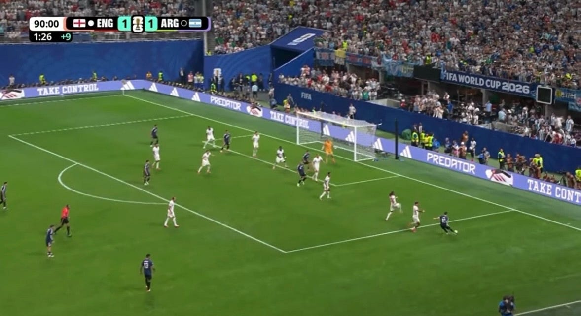 Messi collects the rebound wide and delivers the cross that splits England’s back line.