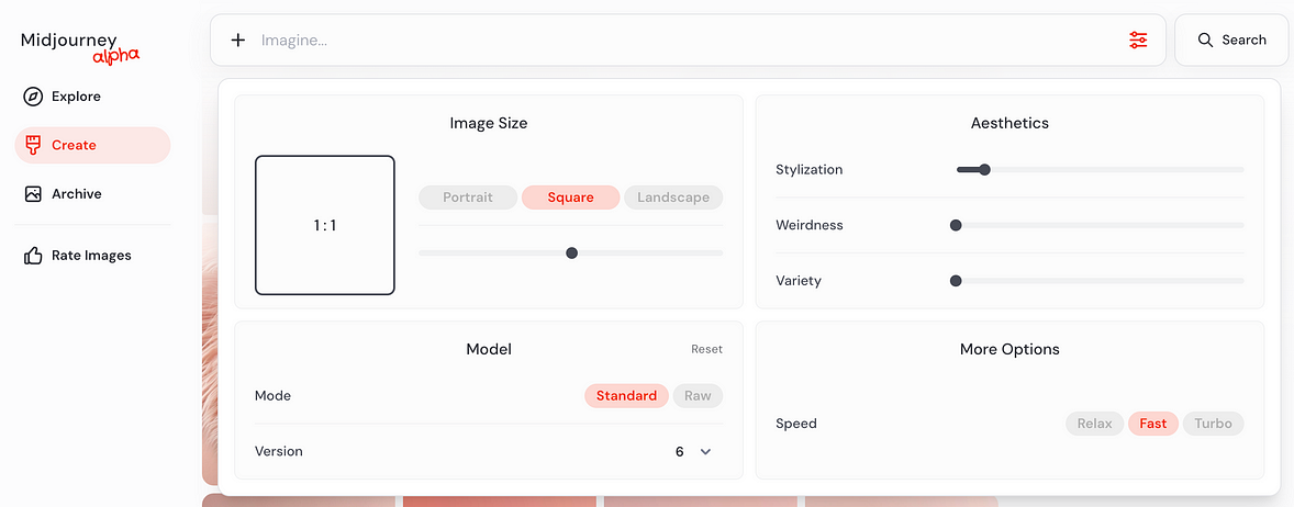 Midjourney Alpha, Image creationg page, parameter adjustment panel