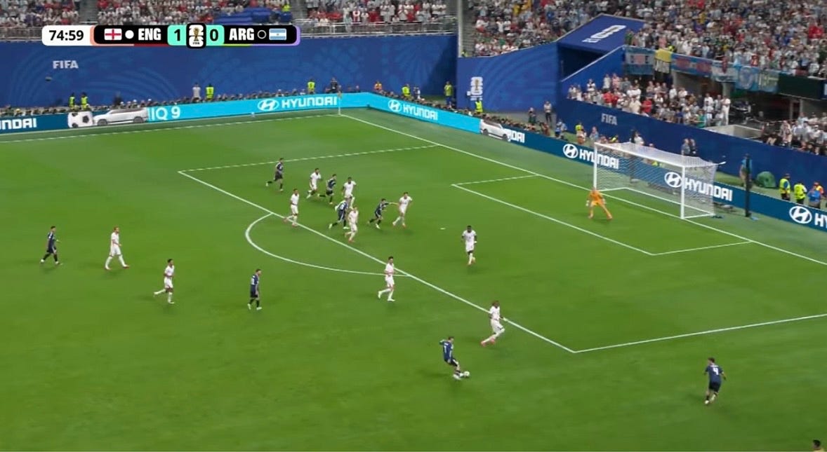 De Paul uses the half-space to launch a dangerous chance forward as Argentina continue to exploit England’s narrow block.
