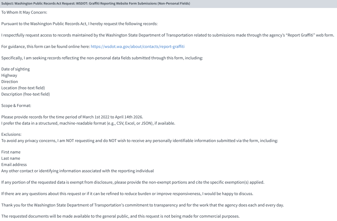 Screenshot of a request I filed with WSDOT via the Muckrock service.