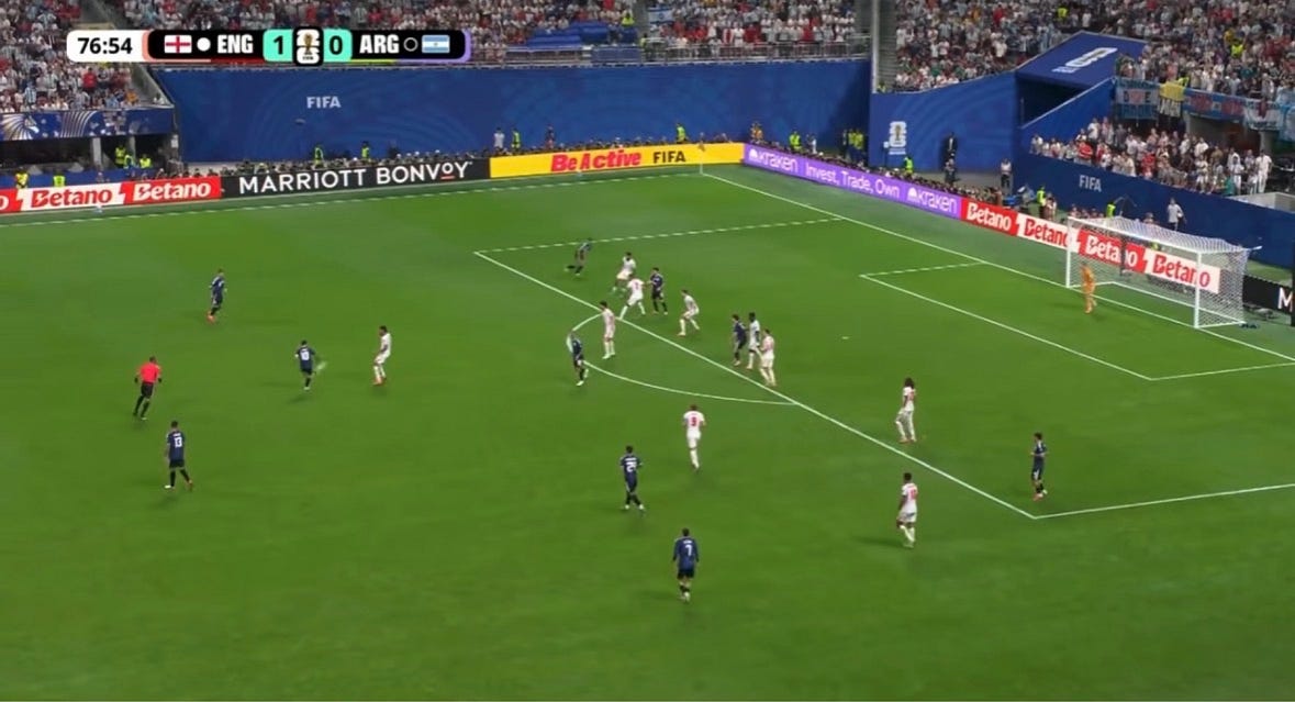 From the zone 14, Messi looks to break England’s narrow block with a vertical pass into the danger area.