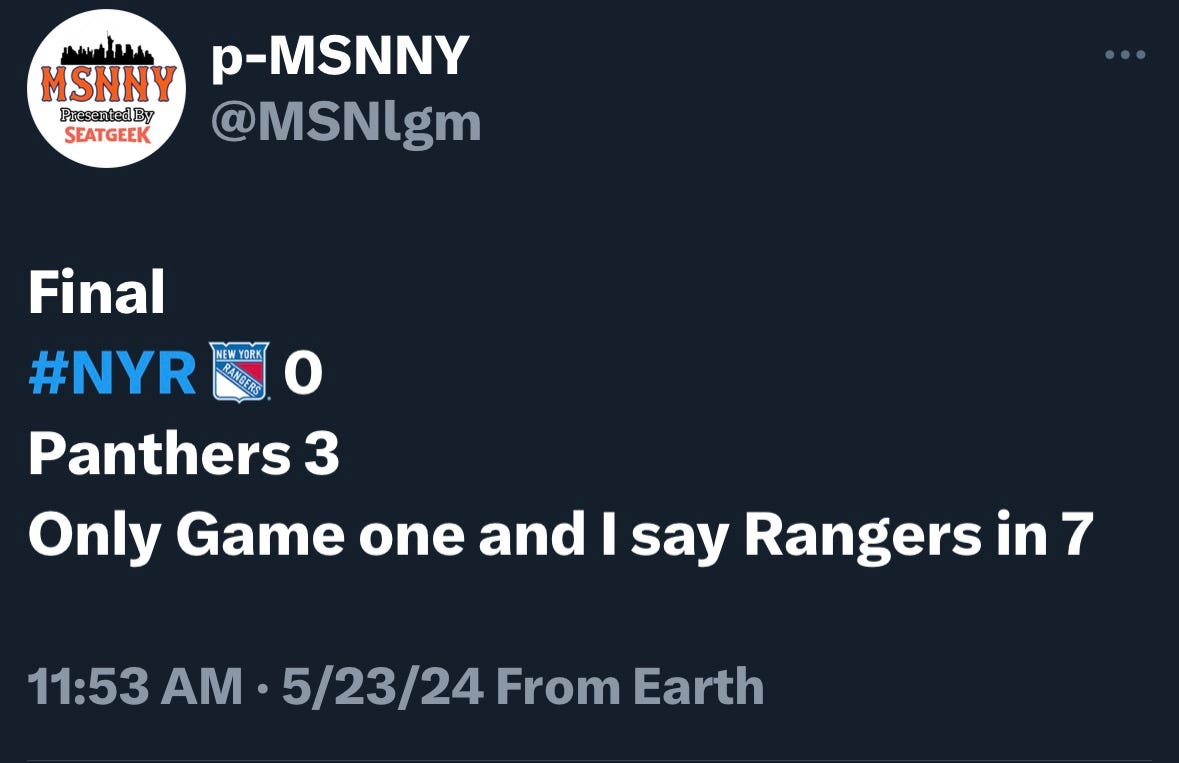 Rangers Begin ECF 01 First Time in the 2024 Playoffs by MSNNY May