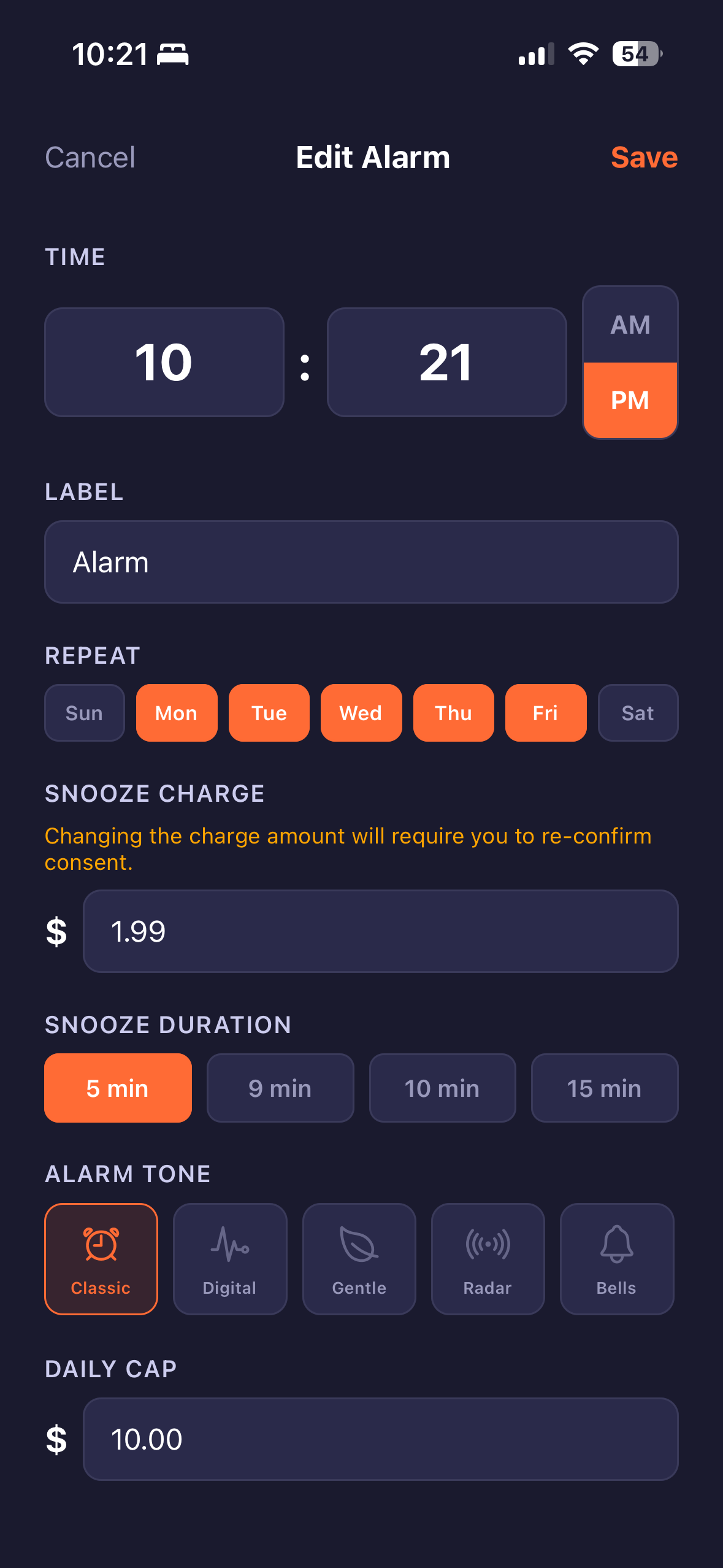 Snooze charge, duration, tone, daily cap — all set before the alarm ever fires.