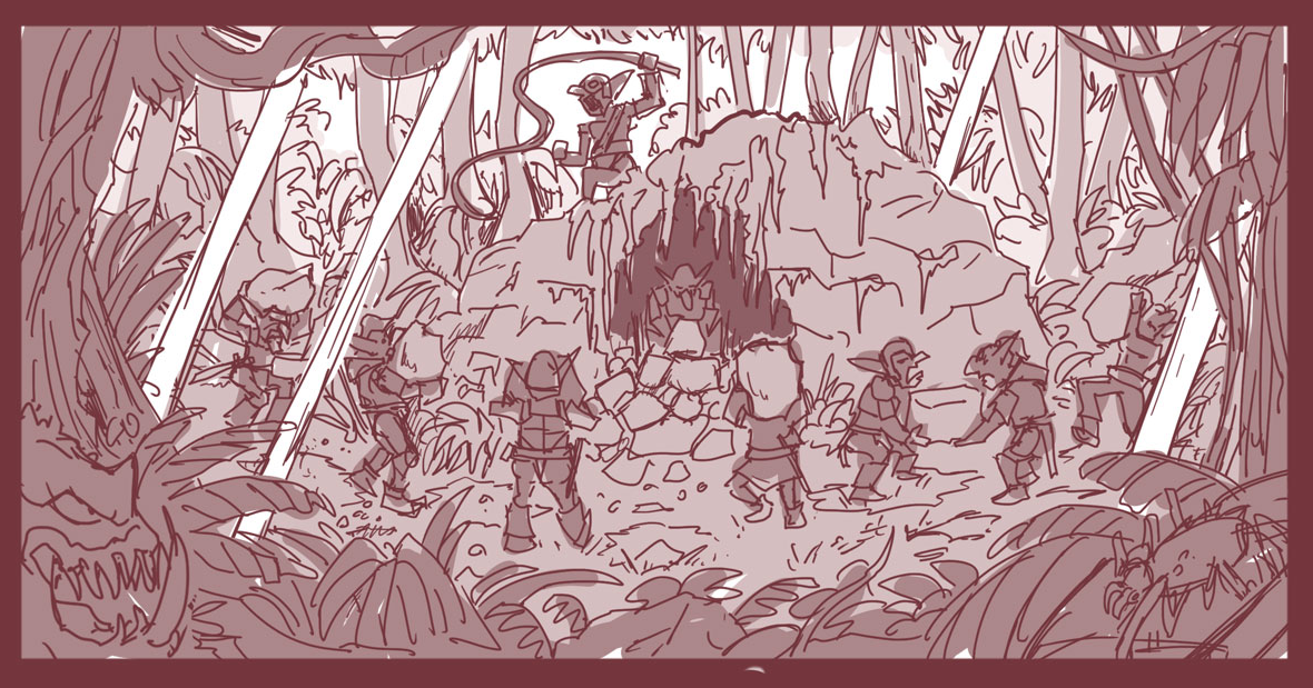 Final panel of early rough art for the cave scenario