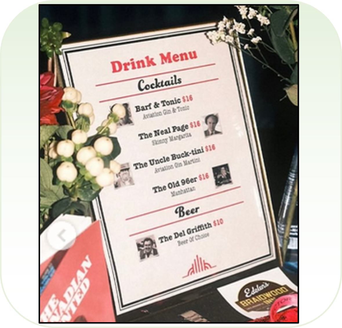 The drink menu includes cocktails like an Aviation Gin & tonic, and an Aviation Gin martini