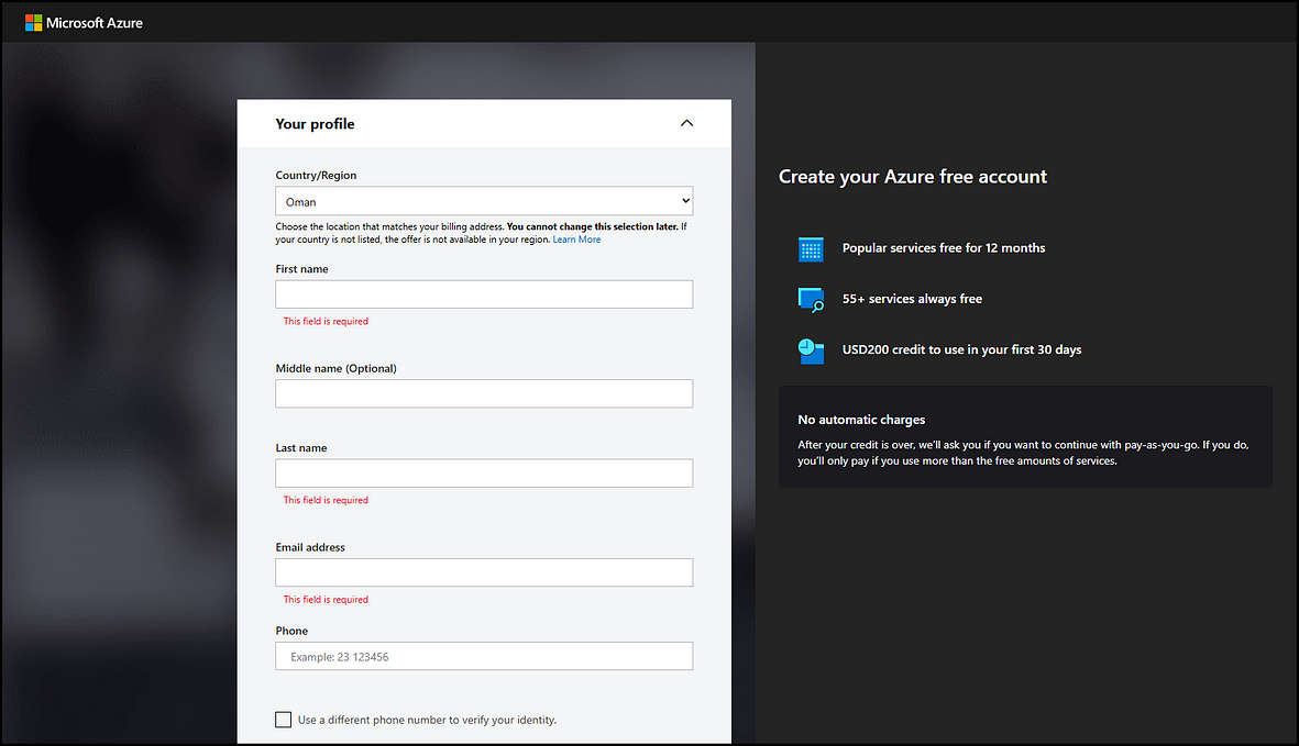 Form to create an Azure subscription.