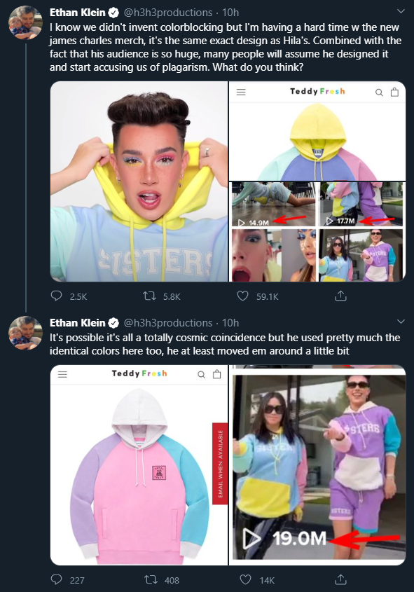 James Charles Accused of Stealing Merch Designs From Ethan, Hila Klein