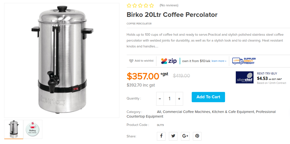 Birko 20Ltr Coffee Percolator. Holds up to 100 cups of coffee hot and