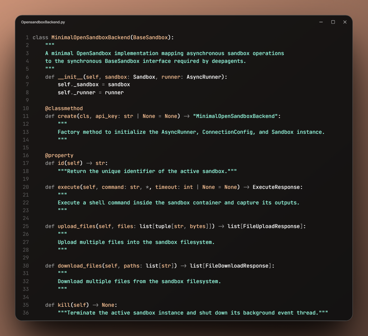 Minimal OpenSandbox integration class skeleton