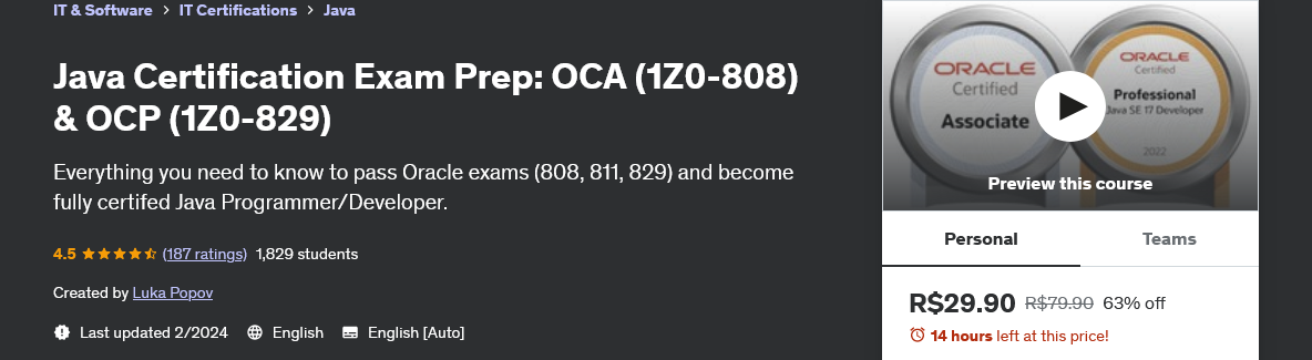 Banner Java Certification Exam Prep: OCA (1Z0–808) & OCP (1Z0–829) — Curso Udemy