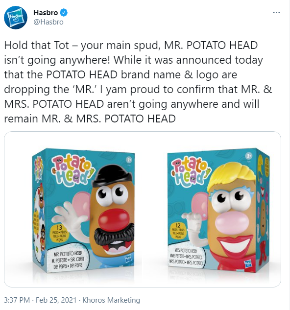 Mr. Potato Head drops the mister, sort of