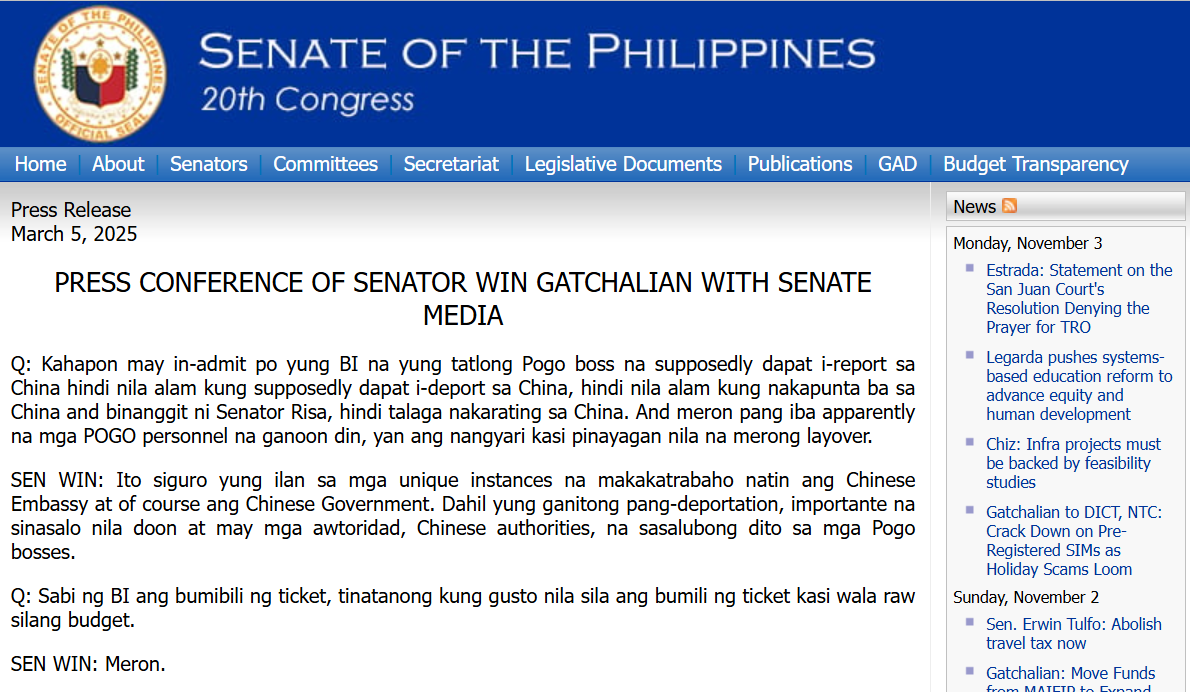 SEN. WIN GATCHALIAN ADDRESSES POGO DEPORTATION ISSUES