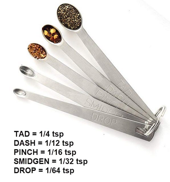 Measuring spoons with tad, drop, smidgen, pinch, and dash. :  r/mildlyinteresting