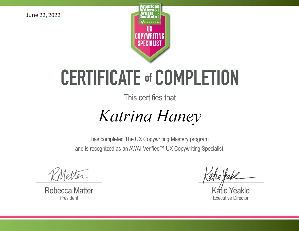 Awai Certification in UX Copywriting by Katrina Haney AWAI