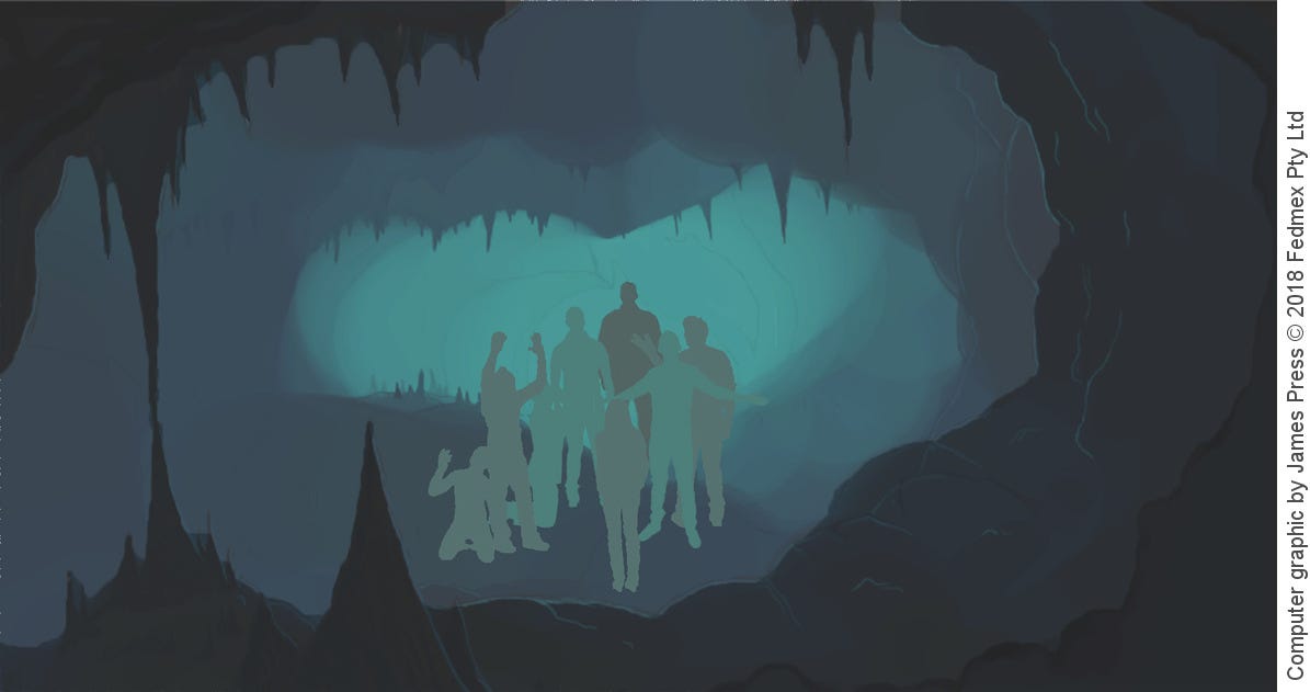 Plato’s concept of humans living deep within a cave, accustomed to shadows as truth