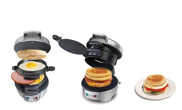 Hamilton Beach Breakfast Sandwich Maker with Egg Cooker Ring, Customize Ingredients, Perfect for English Muffins, Croissants, Mini Waffles, Dorm