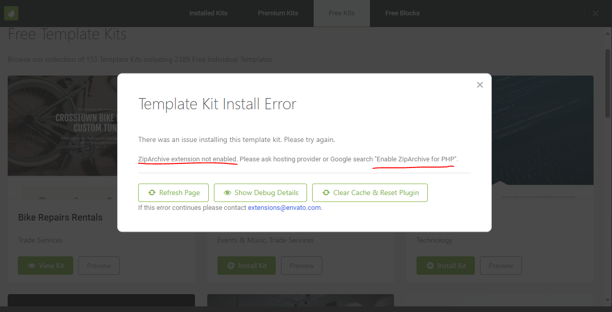 WordPress Envato error ZipArchive extension not installed for localhost