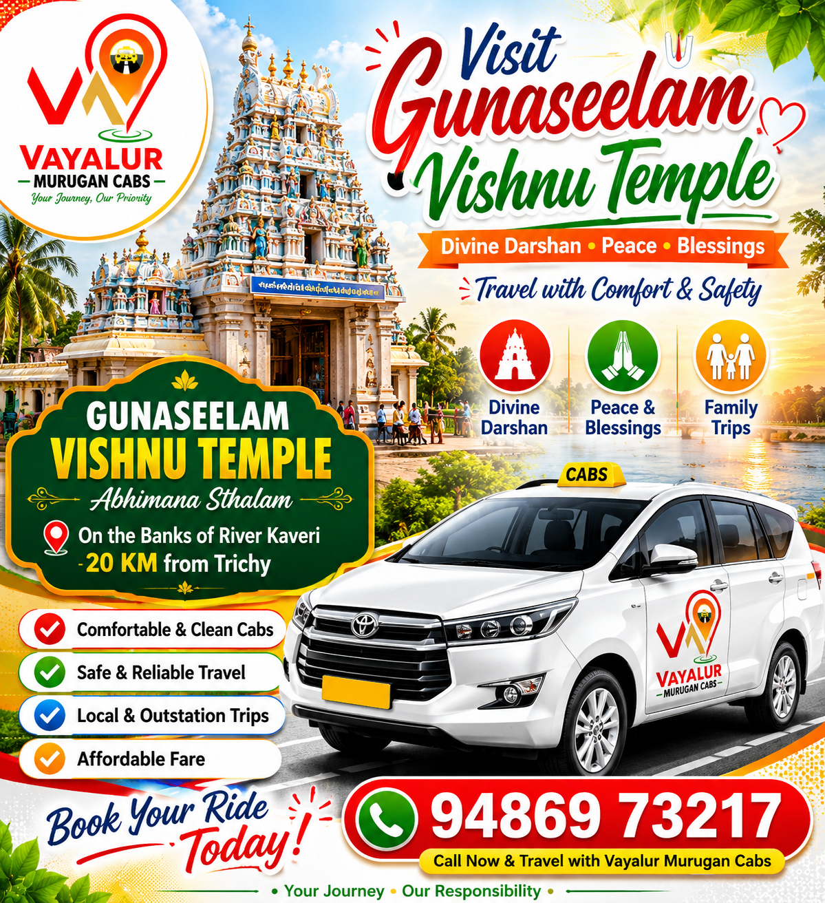 Visit Gunaseelam Vishnu Temple with Vayalur Murugan Cabs — Comfortable Temple Tour from Trichy