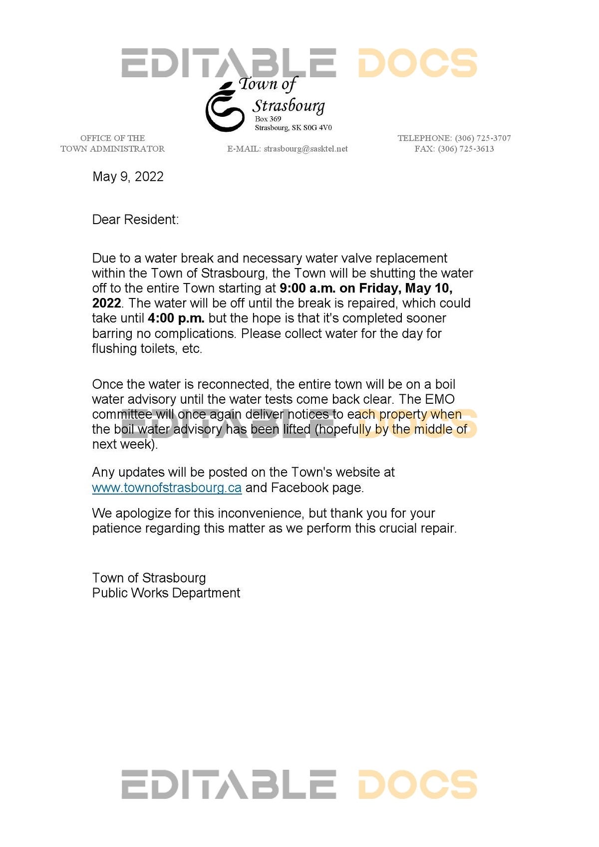 Canada Saskatchewan Town of Strasbourg water utility shut off notice ...