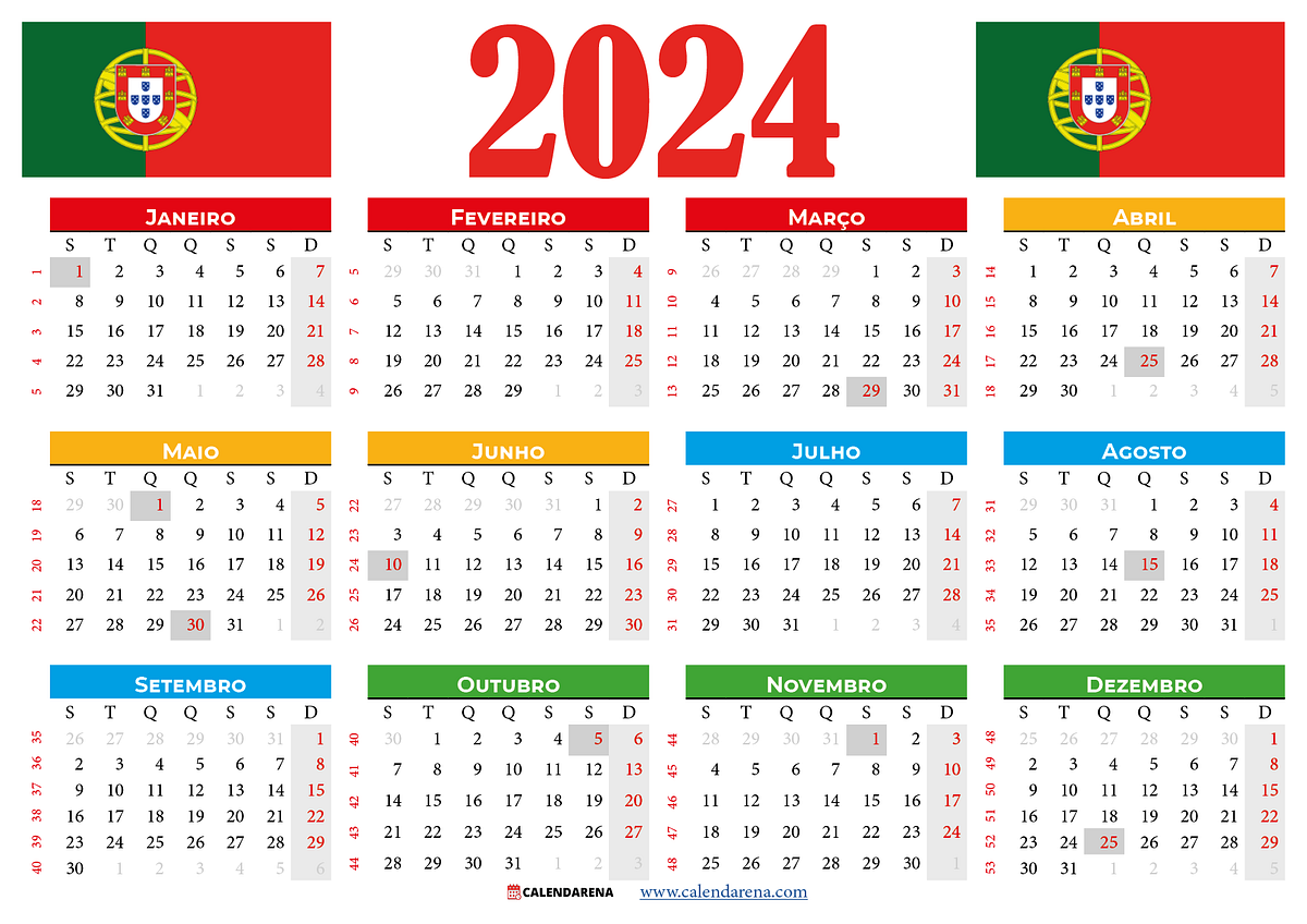 Calendário 2024 portugal para imprimir com feriados by Calendarena